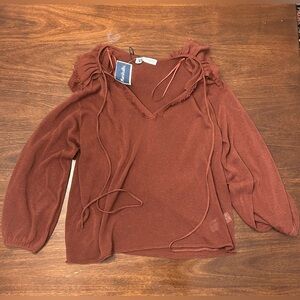 Zara Women's V-Neck Brown Sweater with Ruffle Details